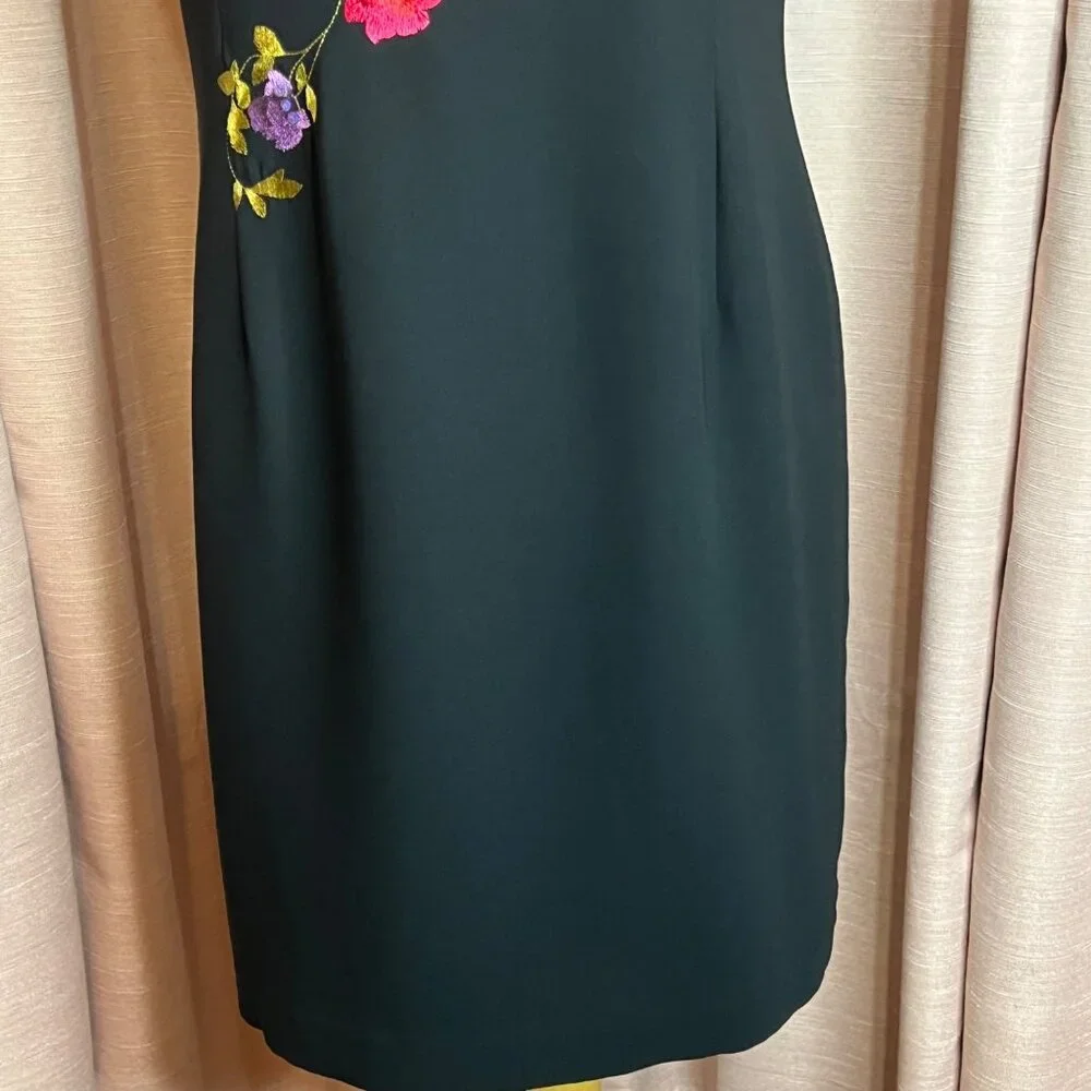 Bob Mackie Studio 14P Black Sleeveless Dress Floral Embroidery Career Formal Y2K